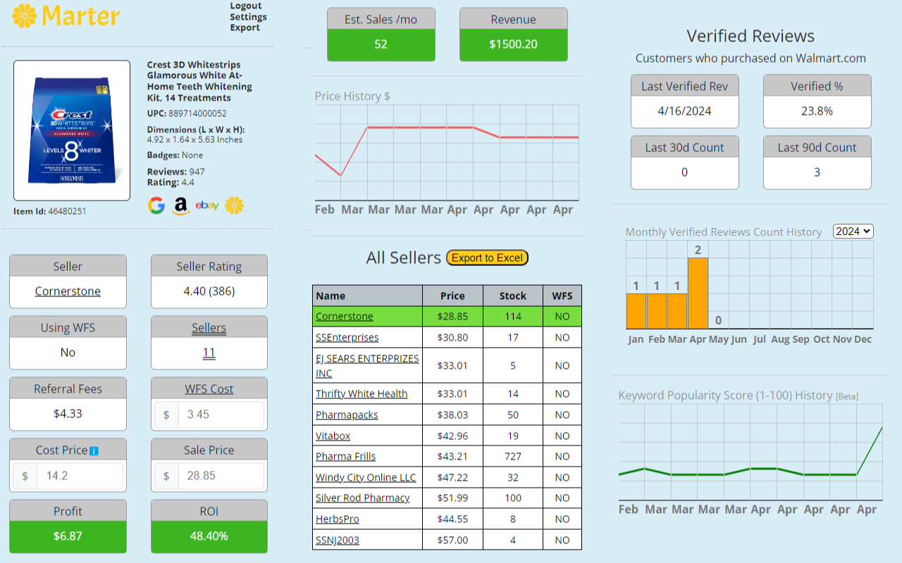 Marter product research dashboard showing Walmart price history and sales estimates